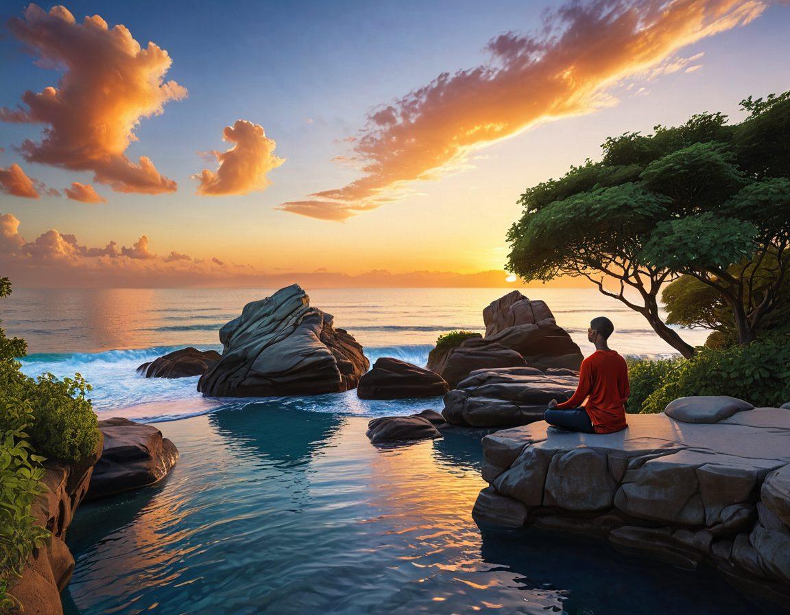 A serene landscape illustrating a person meditating on a cliff, surrounded by lush greenery and a vibrant sunset, symbolizing emotional wellness. Soft, glowing orbs of light representing positive thoughts float around, while a clear blue sky enhances the sense of tranquility. Include elements like flowing water or gentle waves in the background for added calmness. vibrant colors. 3D.