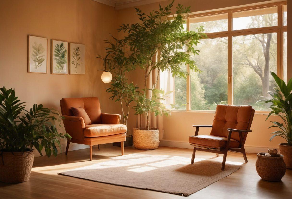 A serene landscape featuring a peaceful therapist's office with a cozy armchair, a journal, and calming plants. In the background, a person practicing mindfulness by meditating under a tree surrounded by nature. Soft sunlight filters through leaves, enhancing the atmosphere of emotional well-being. warm colors. painting.