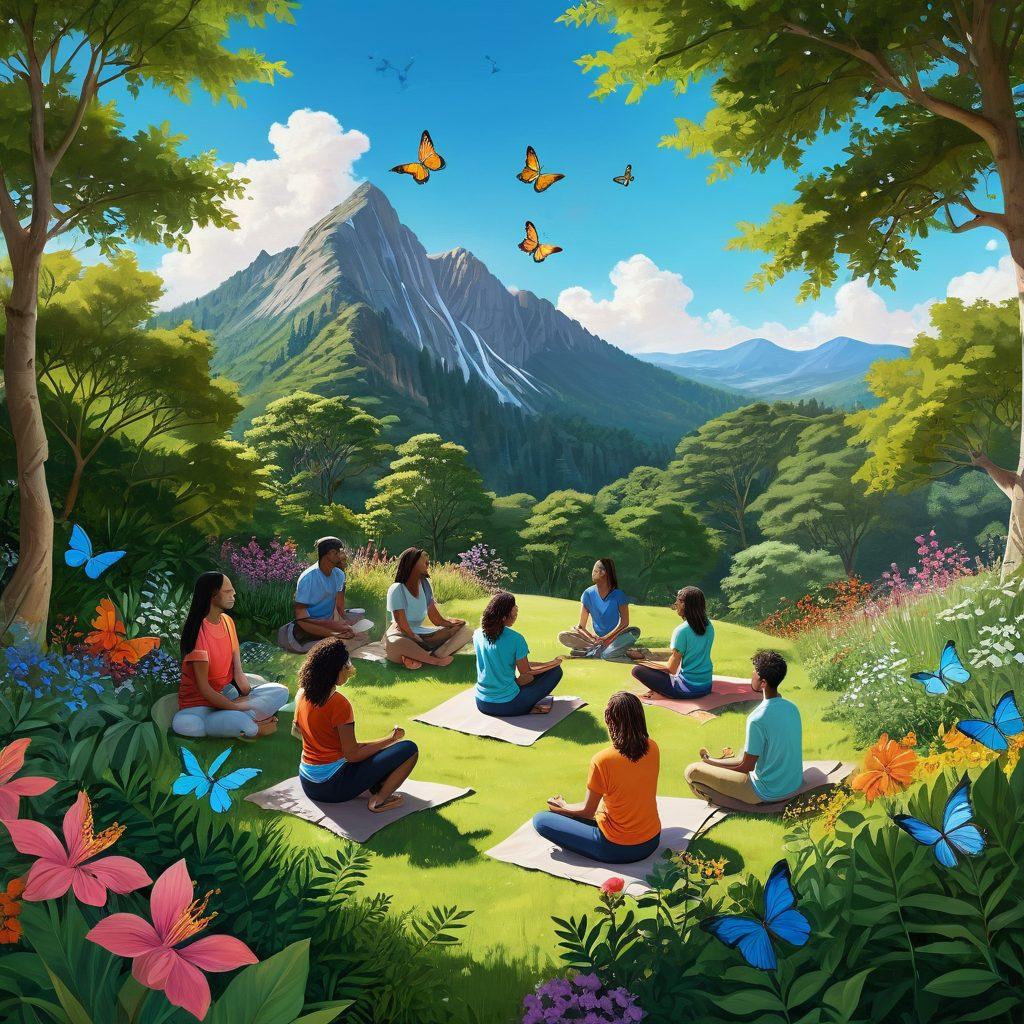 An illustration of a diverse group of people overcoming challenges, showcasing a vibrant outdoor setting with lush greenery and a bright blue sky. Each person is engaging in various motivational activities, such as climbing a mountain, meditating, and helping each other. Elements of resilience like butterflies and blooming flowers are integrated. The scene should radiate positivity and hope. super-realistic. vibrant colors. uplifting atmosphere.